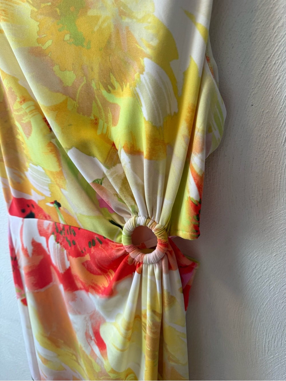 Floral Ring Detail Side Cutout Sheath Dress Tropical Watercolor Pink Yellow Sz 8 - Picture 5 of 7